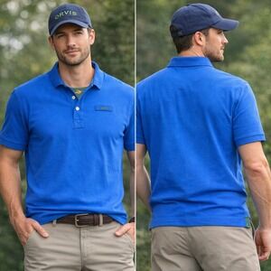 Orvis Mens Blue Short Sleeve Cotton Pique Polo Shirt Fly Fishing Style 2HCJ M